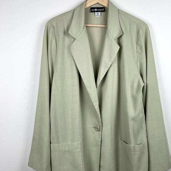 90s Sage Green Blazer Chore Jacket Longline Vintage Preppy Minimalist Size 14 - Picture 9 of 9